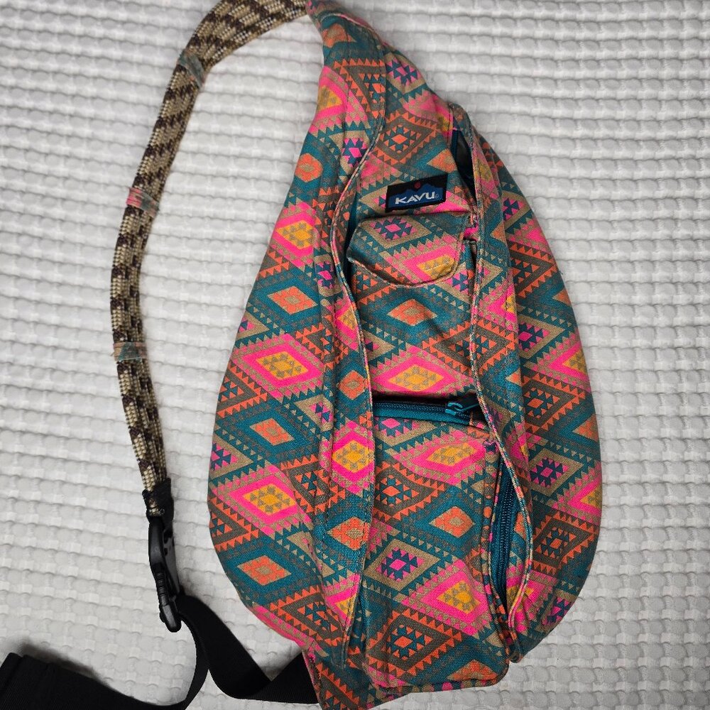 KAVU Bags | Rope Sling bag - western/Aztec pattern - teal zippers